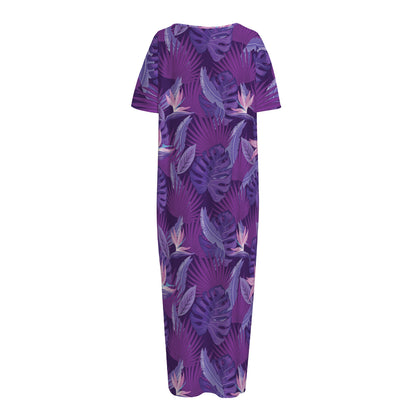 Dark Purple Hawaiian Tropical Print Short Sleeve Long Nightdress