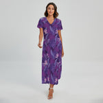 Dark Purple Hawaiian Tropical Print Short Sleeve Maxi Dress