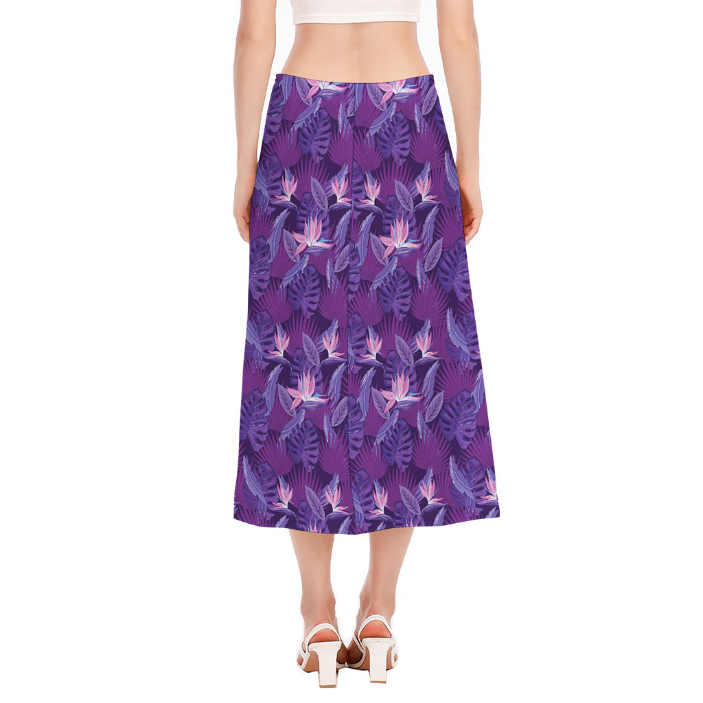 Dark Purple Hawaiian Tropical Print Side Slit Midi Skirt