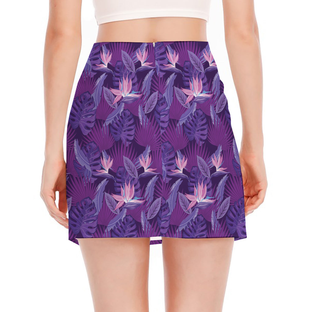 Dark Purple Hawaiian Tropical Print Side Slit Mini Skirt
