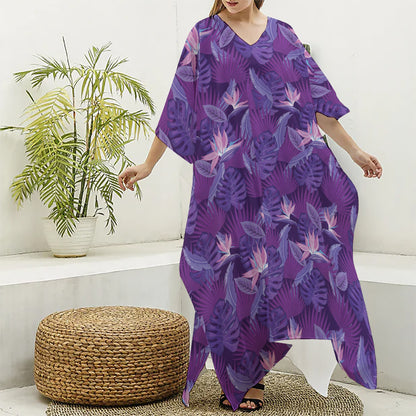 Dark Purple Hawaiian Tropical Print Silk V-Neck Kaftan Dress