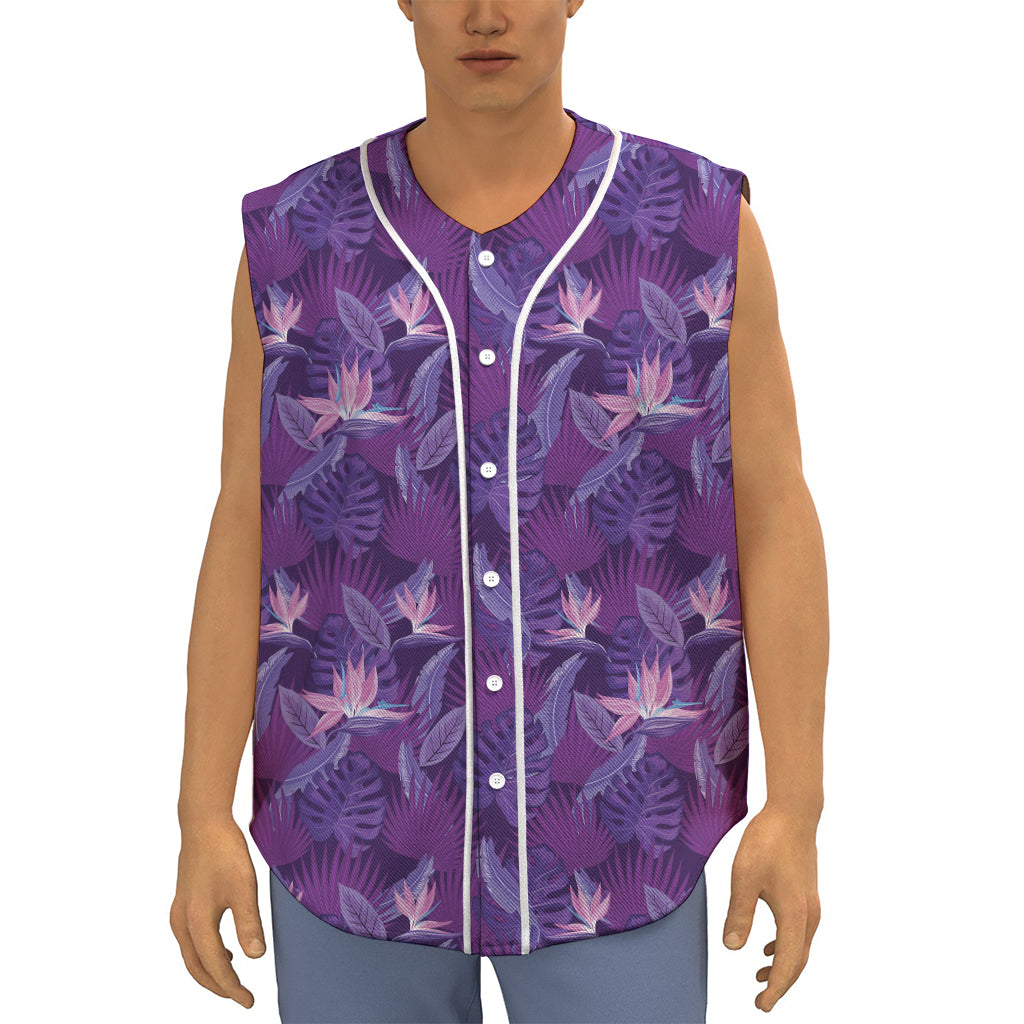 Dark Purple Hawaiian Tropical Print Sleeveless Baseball Jersey