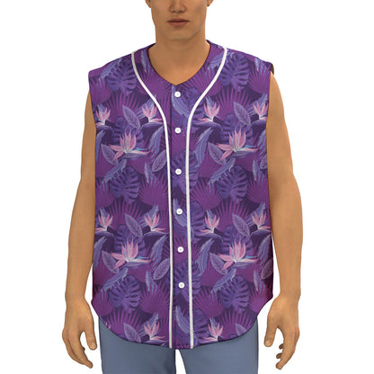 Dark Purple Hawaiian Tropical Print Sleeveless Baseball Jersey