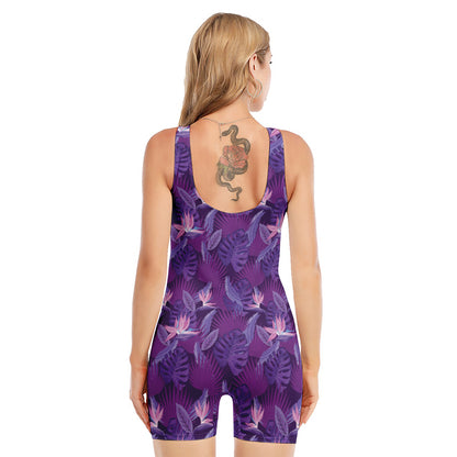 Dark Purple Hawaiian Tropical Print Sleeveless One Piece Swimsuit