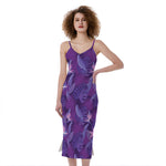 Dark Purple Hawaiian Tropical Print Slim Fit Midi Cami Dress