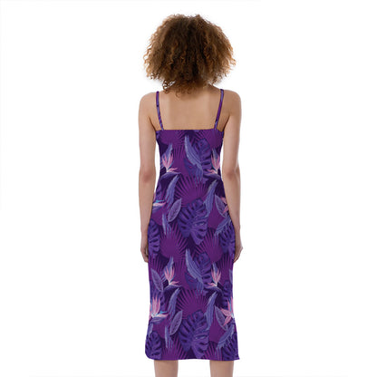 Dark Purple Hawaiian Tropical Print Slim Fit Midi Cami Dress