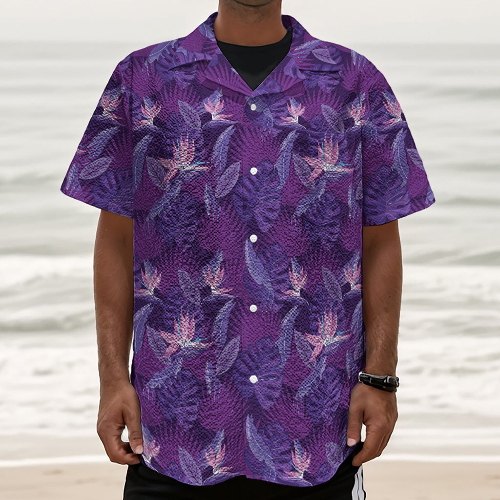 Dark Purple Hawaiian Tropical Print Textured Short Sleeve Shirt