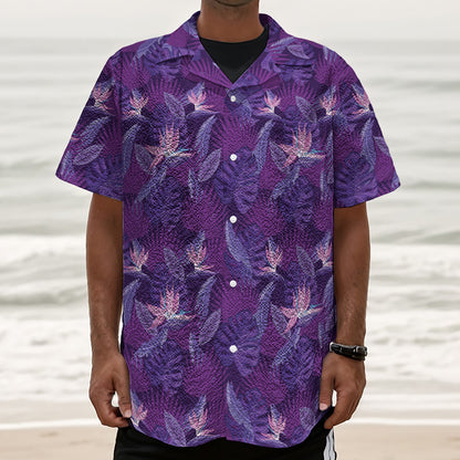 Dark Purple Hawaiian Tropical Print Textured Short Sleeve Shirt
