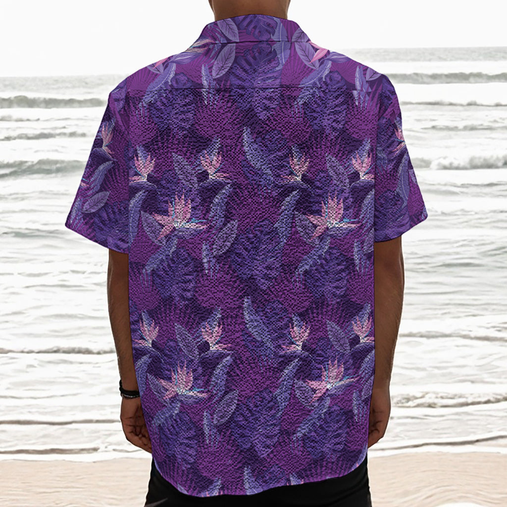 Dark Purple Hawaiian Tropical Print Textured Short Sleeve Shirt