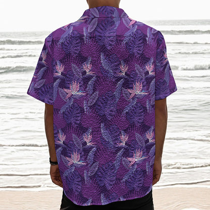 Dark Purple Hawaiian Tropical Print Textured Short Sleeve Shirt