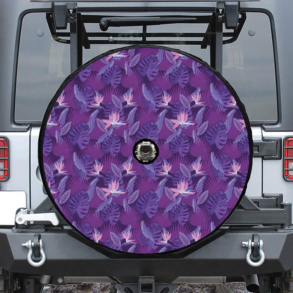 Dark Purple Hawaiian Tropical Print Tire Cover With Camera Hole