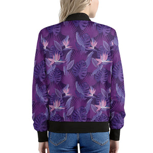 Dark Purple Hawaiian Tropical Print Women's Bomber Jacket