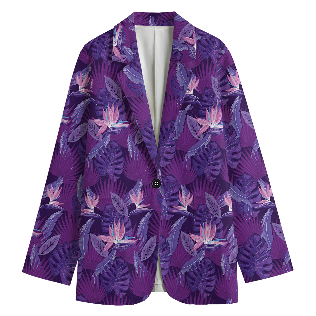 Dark Purple Hawaiian Tropical Print Women's Cotton Blazer