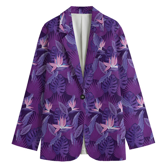Dark Purple Hawaiian Tropical Print Women's Cotton Blazer