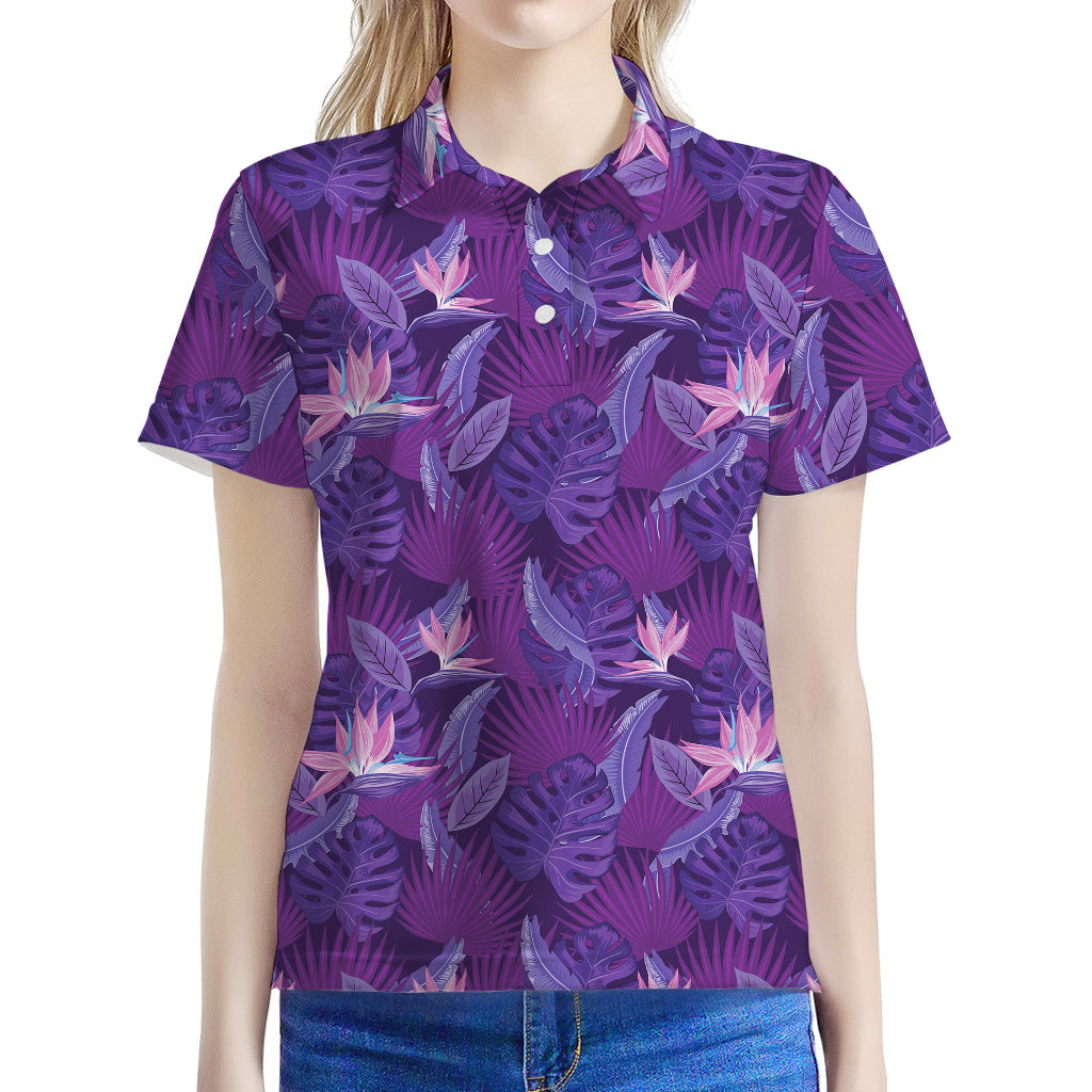 Dark Purple Hawaiian Tropical Print Women's Polo Shirt