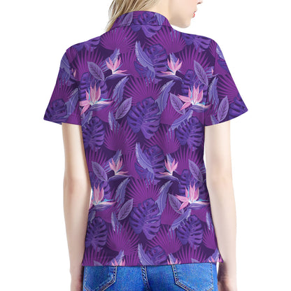 Dark Purple Hawaiian Tropical Print Women's Polo Shirt