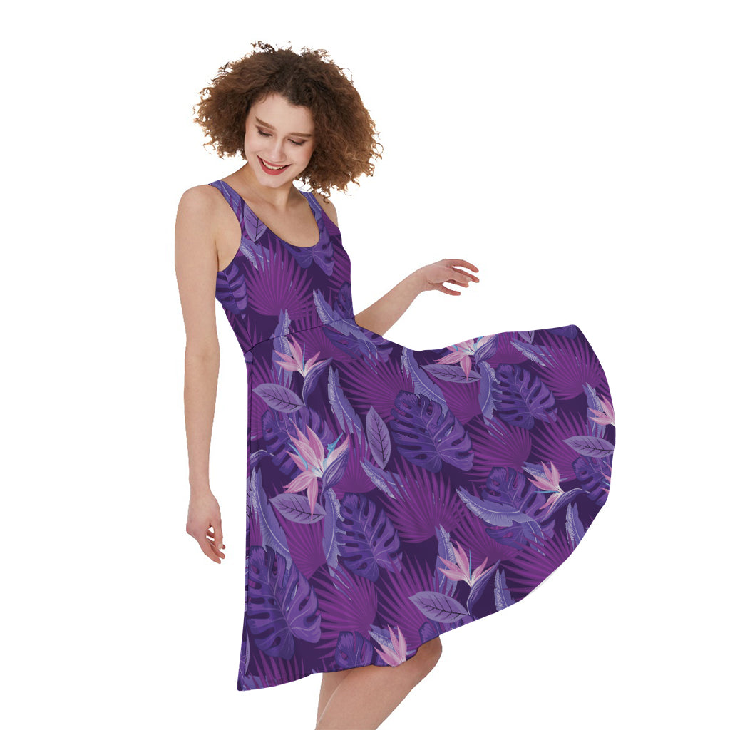Dark Purple Hawaiian Tropical Print Women's Sleeveless Dress