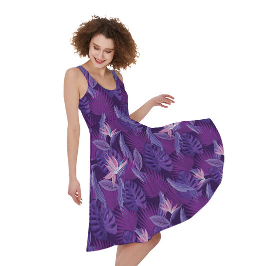 Dark Purple Hawaiian Tropical Print Women's Sleeveless Dress