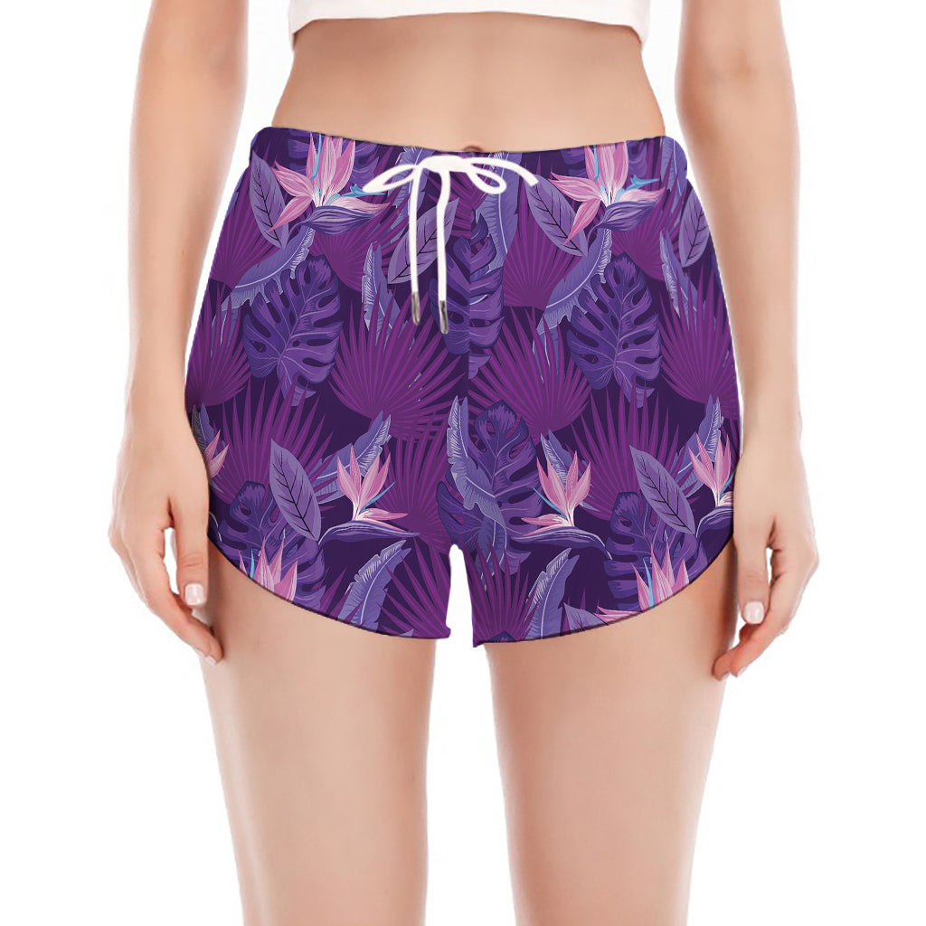 Dark Purple Hawaiian Tropical Print Women's Split Running Shorts