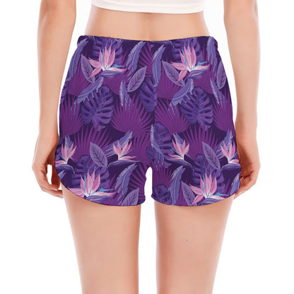 Dark Purple Hawaiian Tropical Print Women's Split Running Shorts