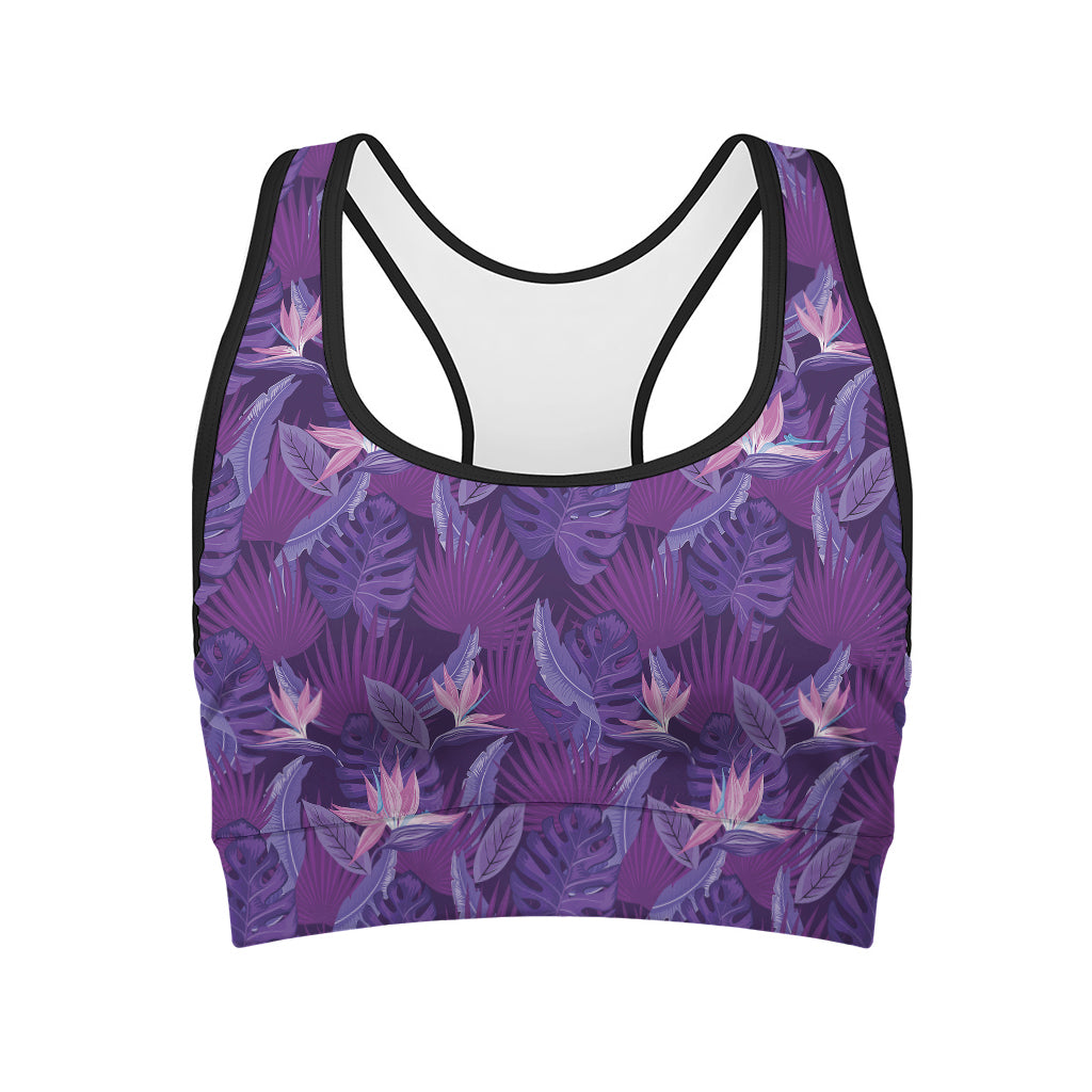 Dark Purple Hawaiian Tropical Print Women's Sports Bra
