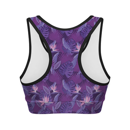 Dark Purple Hawaiian Tropical Print Women's Sports Bra