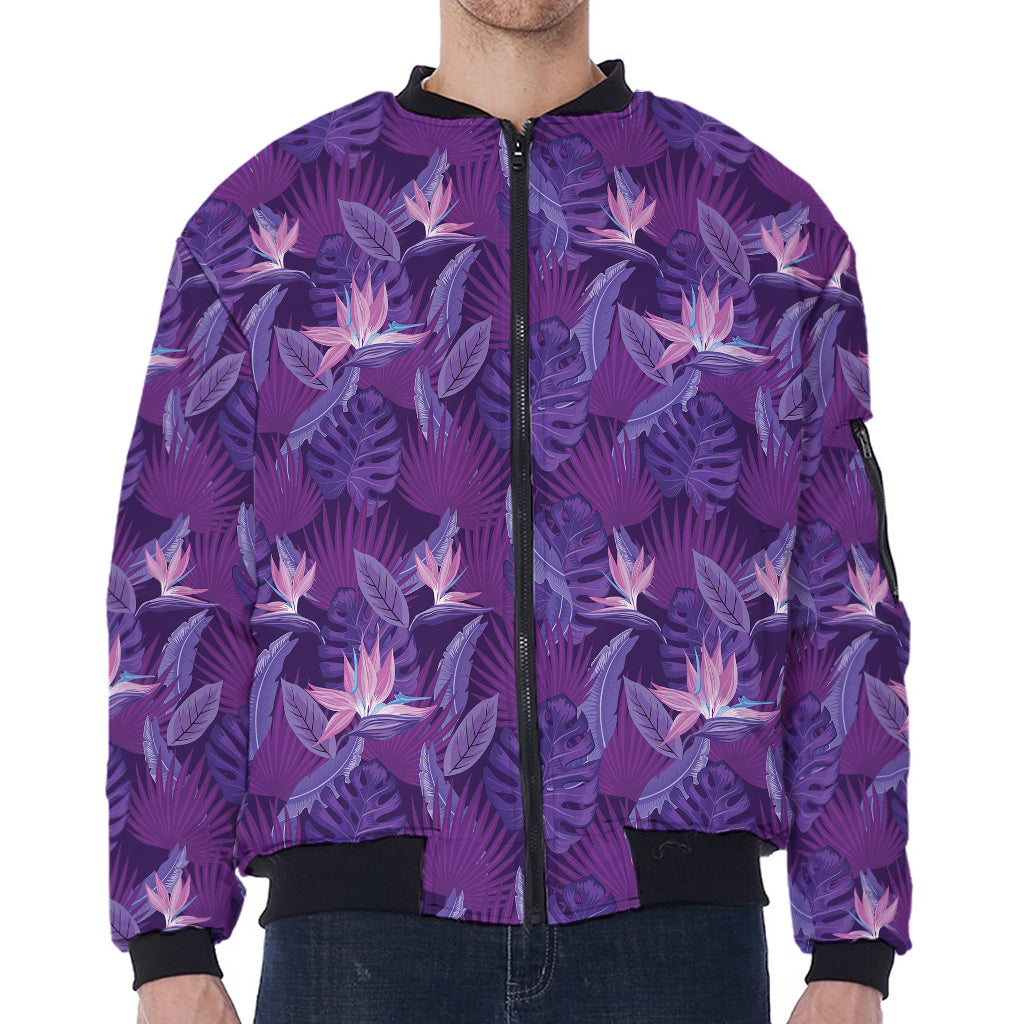 Dark Purple Hawaiian Tropical Print Zip Sleeve Bomber Jacket