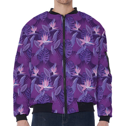 Dark Purple Hawaiian Tropical Print Zip Sleeve Bomber Jacket