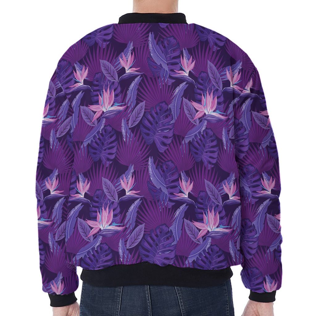 Dark Purple Hawaiian Tropical Print Zip Sleeve Bomber Jacket