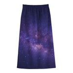 Dark Purple Milky Way Galaxy Space Print Cotton Front Slit Maxi Skirt