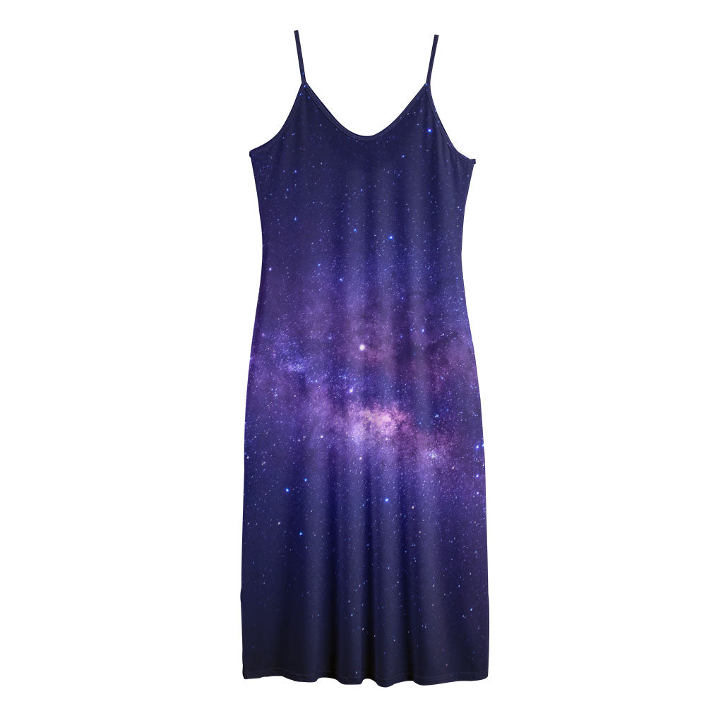 Dark Purple Milky Way Galaxy Space Print Jersey Midi Cami Dress