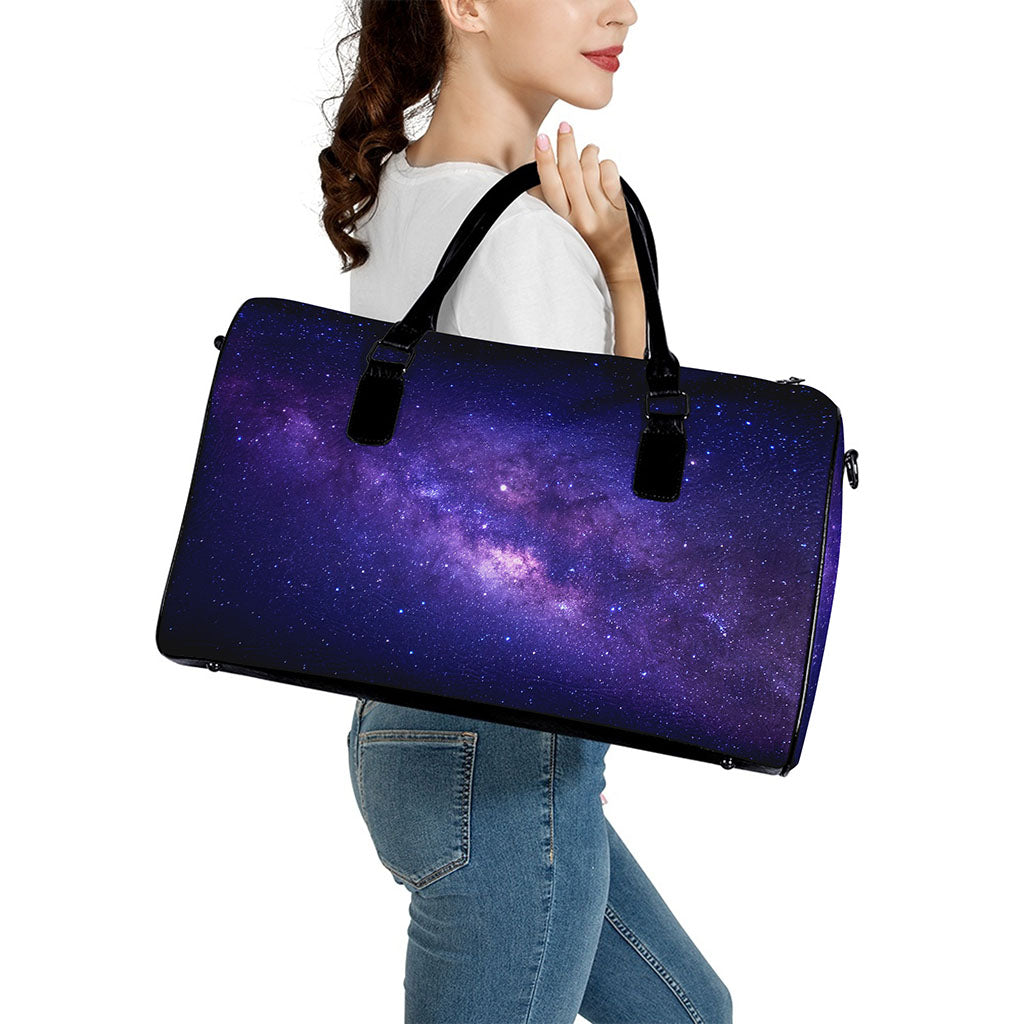 Dark Purple Milky Way Galaxy Space Print Leather Duffle Bag