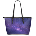 Dark Purple Milky Way Galaxy Space Print Leather Tote Bag With Zipper