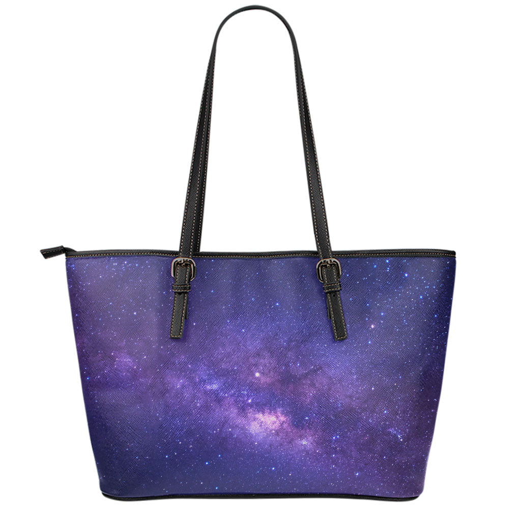 Dark Purple Milky Way Galaxy Space Print Leather Tote Bag
