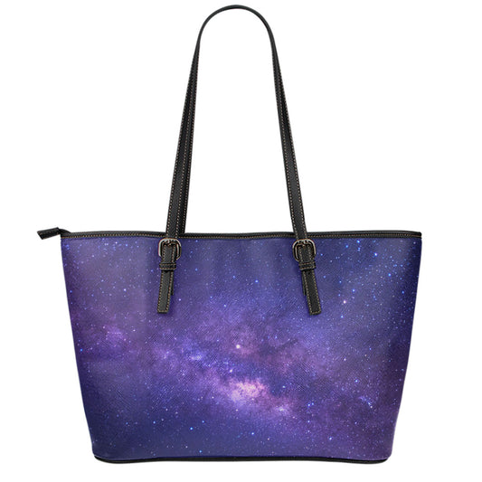 Dark Purple Milky Way Galaxy Space Print Leather Tote Bag