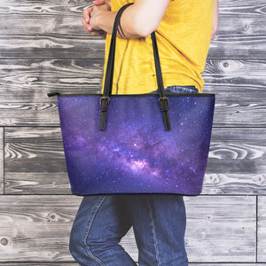 Dark Purple Milky Way Galaxy Space Print Leather Tote Bag