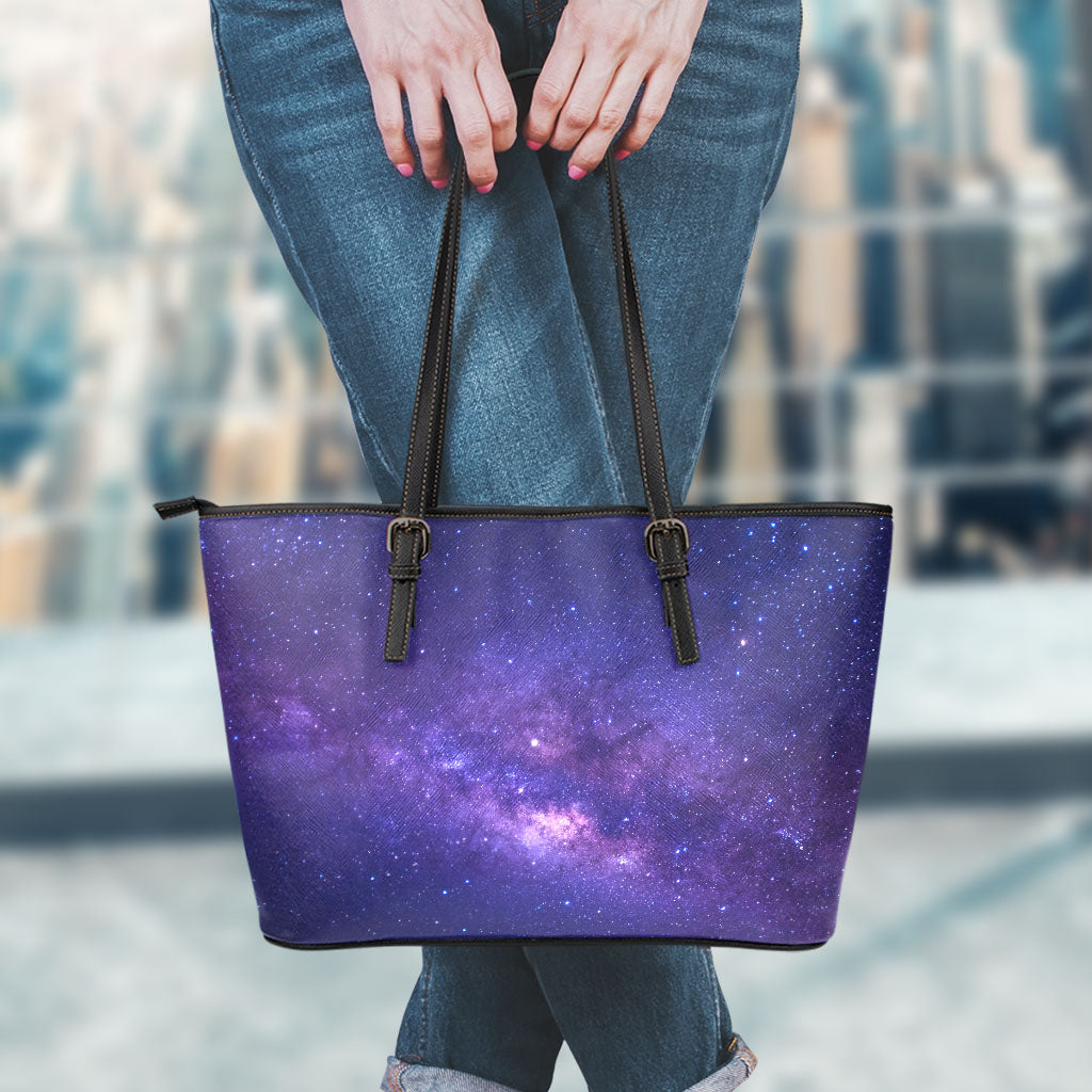 Dark Purple Milky Way Galaxy Space Print Leather Tote Bag