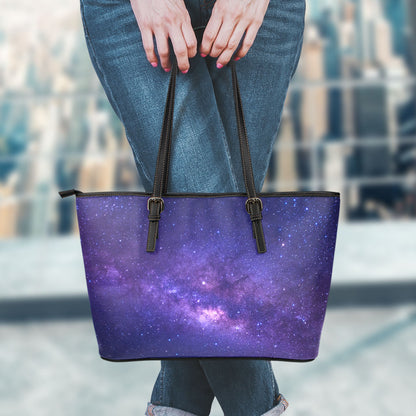 Dark Purple Milky Way Galaxy Space Print Leather Tote Bag