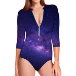 Dark Purple Milky Way Galaxy Space Print Long Sleeve Swimsuit