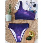 Dark Purple Milky Way Galaxy Space Print One Shoulder Bikini Top