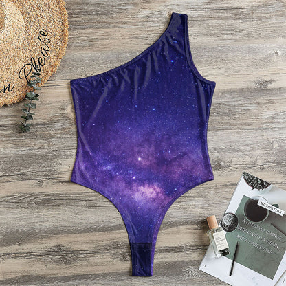 Dark Purple Milky Way Galaxy Space Print One Shoulder Bodysuit