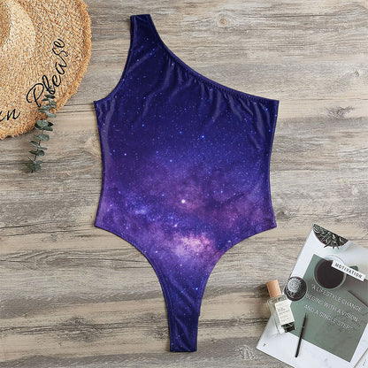 Dark Purple Milky Way Galaxy Space Print One Shoulder Bodysuit