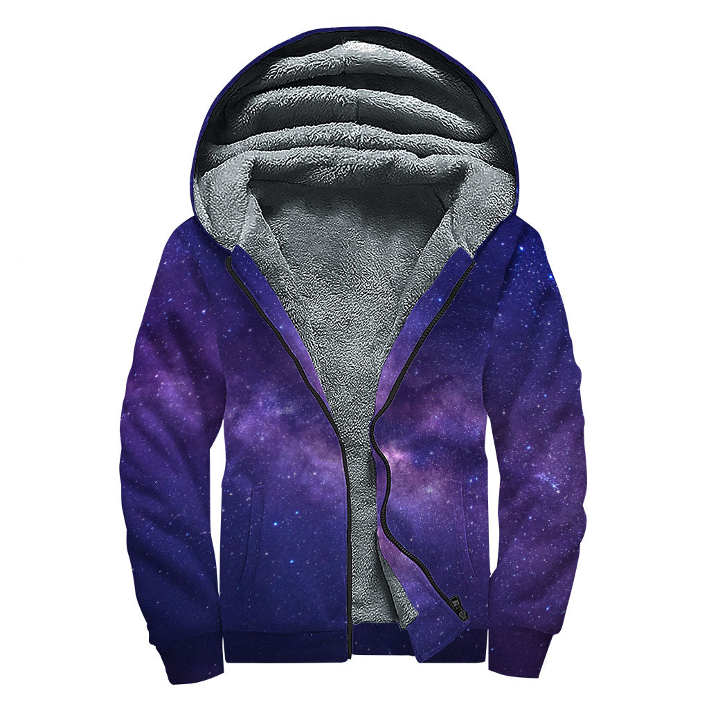 Dark Purple Milky Way Galaxy Space Print Sherpa Lined Zip Up Hoodie