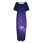 Dark Purple Milky Way Galaxy Space Print Short Sleeve Long Nightdress