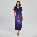 Dark Purple Milky Way Galaxy Space Print Short Sleeve Maxi Dress
