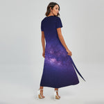 Dark Purple Milky Way Galaxy Space Print Short Sleeve Maxi Dress