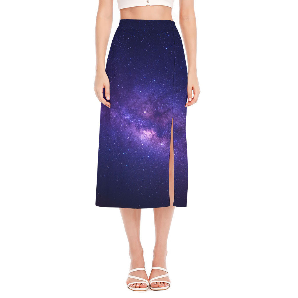 Dark Purple Milky Way Galaxy Space Print Side Slit Midi Skirt
