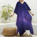Dark Purple Milky Way Galaxy Space Print Silk V-Neck Kaftan Dress