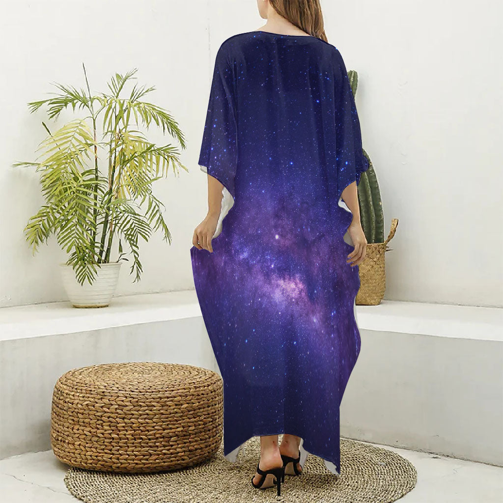 Dark Purple Milky Way Galaxy Space Print Silk V-Neck Kaftan Dress