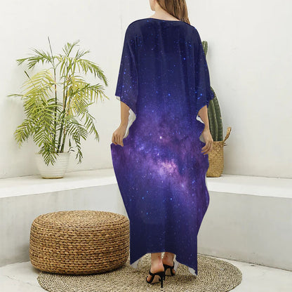 Dark Purple Milky Way Galaxy Space Print Silk V-Neck Kaftan Dress